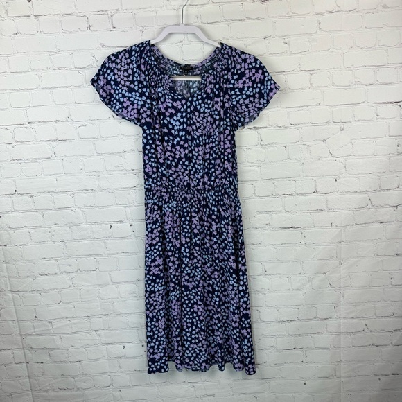 Talbots Smocked Split Neck Fit & Flare Dress Abstract Floral Blue/Purple XS - Picture 1 of 9